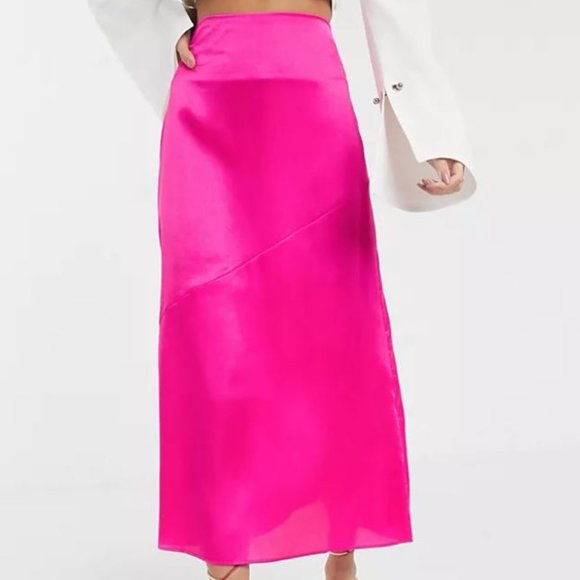 ASOS Unique 21 Paneled Satin Midi Skirt in Pink - Picture 1 of 6
